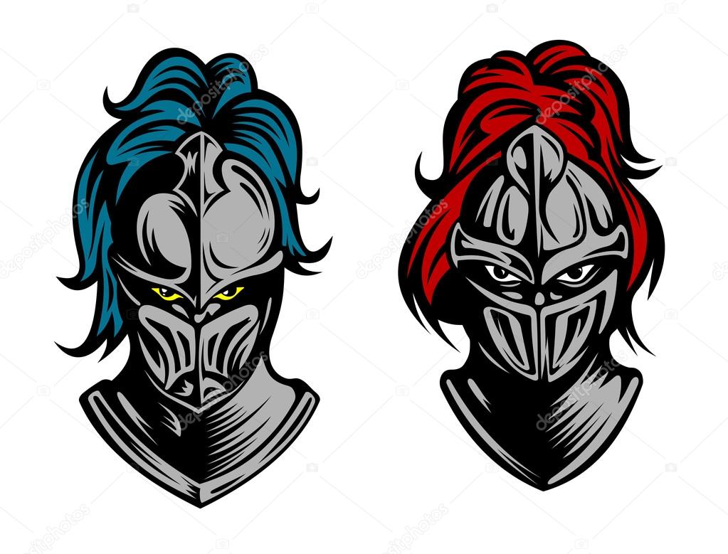 Heads of two knights in medieval armour with their eyes glinting behind metal visors and plumes of feathers on the helmets, vector illustration