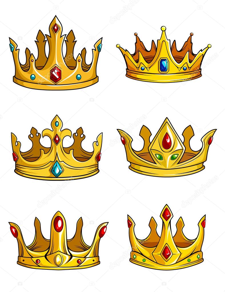 Golden royal crowns decorated with gemstones as diamond, ruby, sapphire or emerald, isolated on white