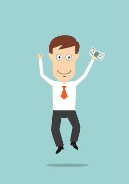Businessman jumping with money in hand