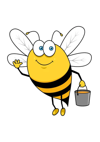 Cartoon flying bee with honey bucket waving hand — ストックベクタ