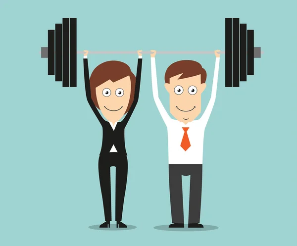 Business team holding a barbell above heads
