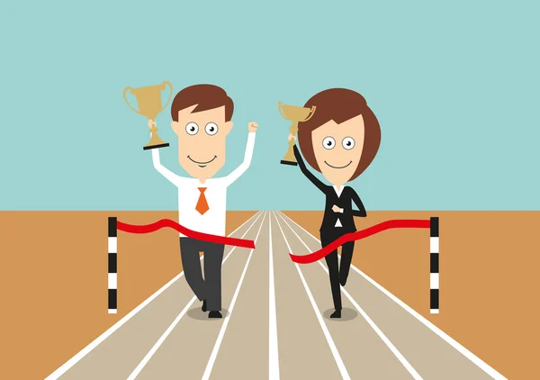 Business team crossing finish line with trophies