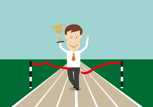 Businessman crossing finish line with trophy cup — Stockvector