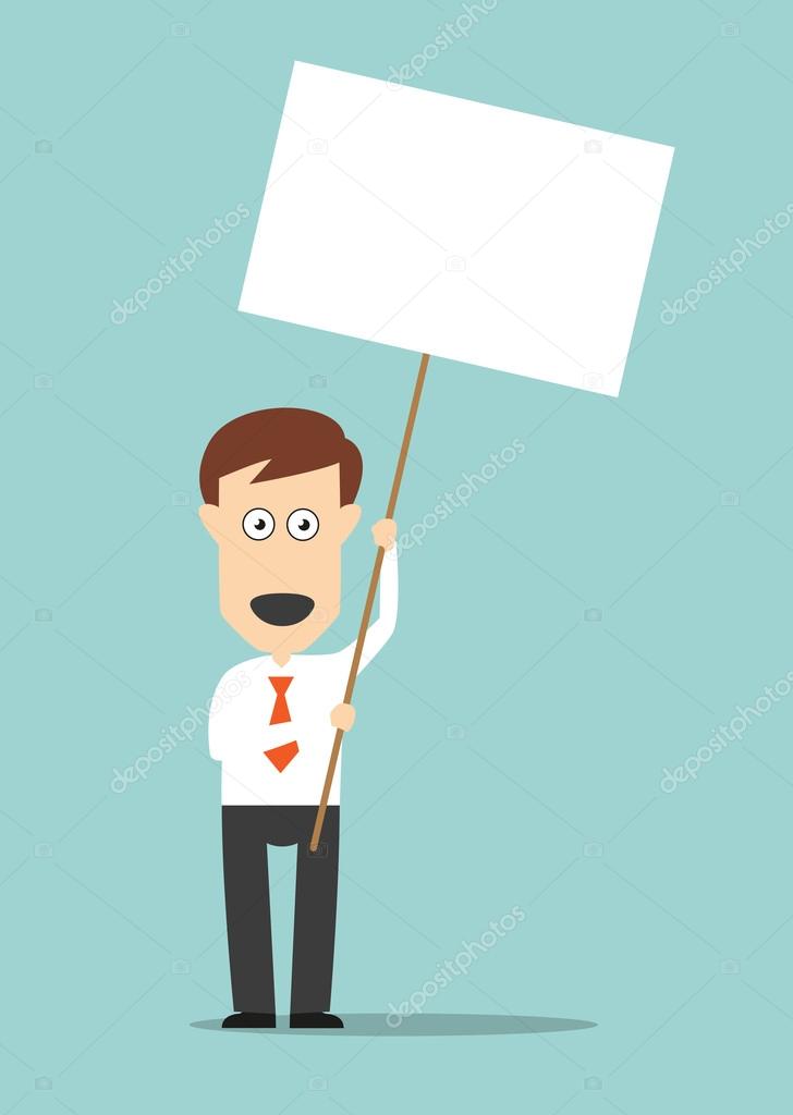 Businessman holding blank signboard with copyspace