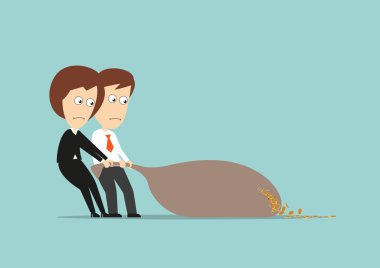 Business colleagues losing coins from money bag clipart