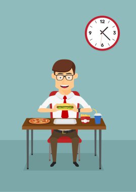 Office kafeteryada hızlı yemek yeme işadamı