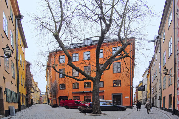 Stockholm, Sweden - March, 16, 2016: landscape with the image of Old Town street in Stockholm, Sweden