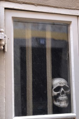 kafatası bir pencere arkasında