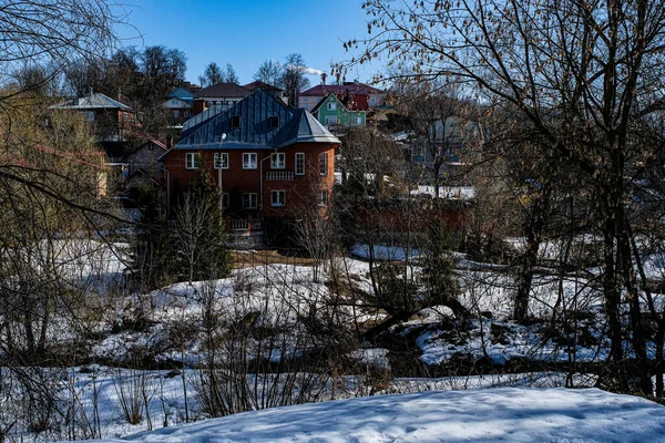 Winterlandschaft Auf Dem Land Mit Dem Bild Eines Dorfes — Stockfoto