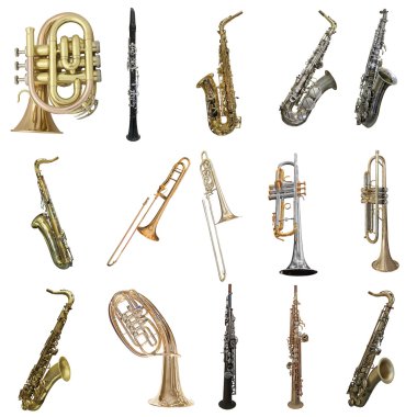 Beyaz arka plan altında müzik aletleri kümesi