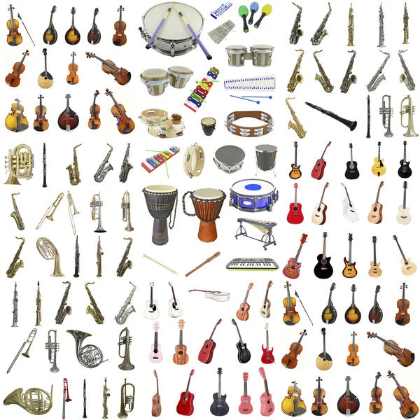 Conjunto de instrumentos musicales bajo el fondo blanco — Foto de Stock