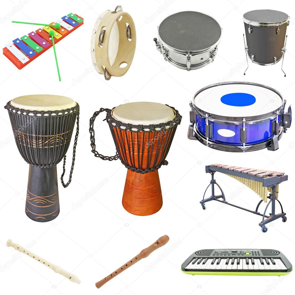 Set of musical instruments under the white background