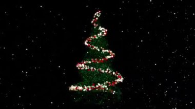 Altın parıltılı ışık sarmalı. Siyah arka planda parıldayan yıldızlı altın sihirli Noel ağacı