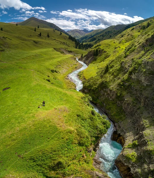 川と滝のある山の谷バード ビュー — ストック写真