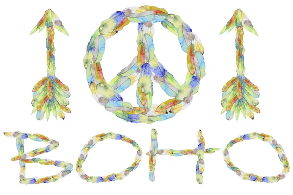 Peace-tecken, pilen och letterin Boho — Stockfoto