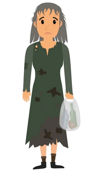 Evsiz kadın kirli eski giysiler — Stok Vektör