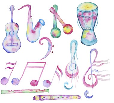 Çizilmiş suluboya müzik aletler