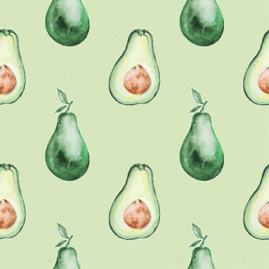 Pattern of watercolor avocado on green background. Seamless pattern from watercolor avocados. Good for textile, wrapping paper, restaurant menu, etc