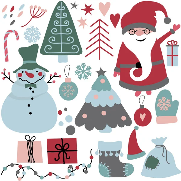 Vettore Set di illustrazioni natalizie disegnate a mano. Collezione Clipart con Babbo Natale, palla di Natale, regali, albero di Natale. Elementi vettoriali per il design natalizio — Vettoriale Stock