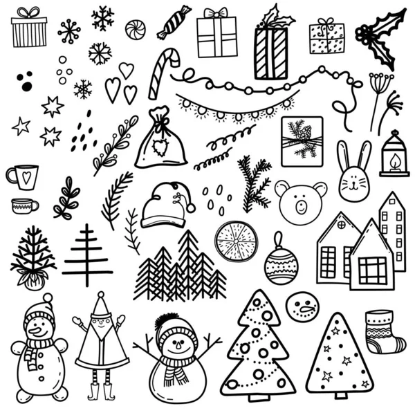 Conjunto de doodle de Natal, desenhado à mão elementos do ano novo isolado no fundo branco — Vetor de Stock