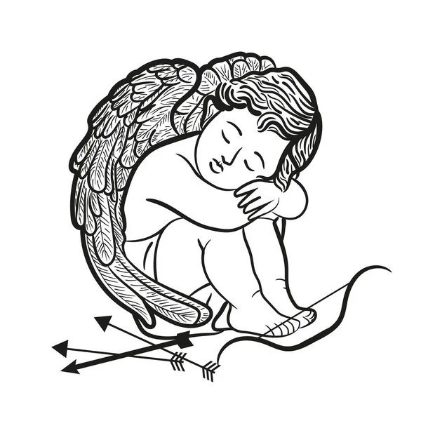 Sentado Anjo do Cupido com arco e flechas. Vintage. Estilo de gravura. ilustração vetorial para Dia dos Namorados. —  Vetores de Stock