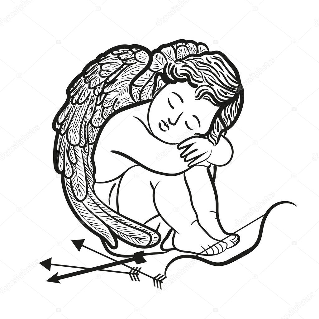 Sitting Angel of Cupid with bow and arrows. Vintage. Engraving style. Vector ilustration for Valentine Day.