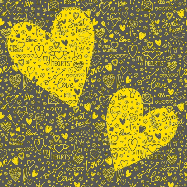 Seamless pattern in doodle style with symbols of Valentines Day. Doodles can be used for postcards, wrapping paper, packages for February 14 — Stock Vector