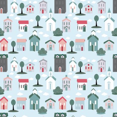 Cartoon childish city print. Vector childish seamless pattern with town symbols, houses, buildings, trees, streets.