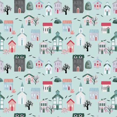 Cartoon childish city print. Vector childish seamless pattern with town symbols, houses, buildings, trees, streets.