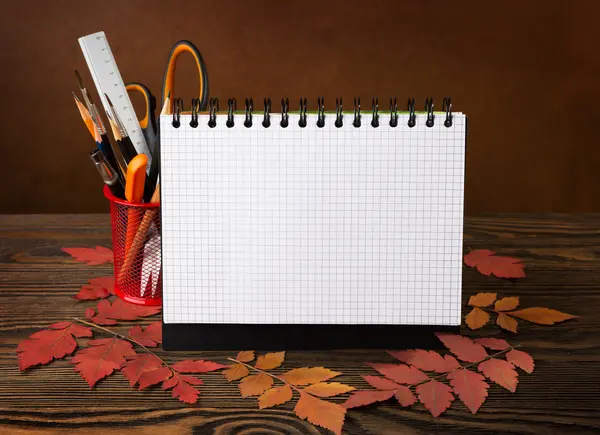 Schulausstattung mit Bleistiften, Pinseln, Notizbuch und Herbstblättern — Stockfoto