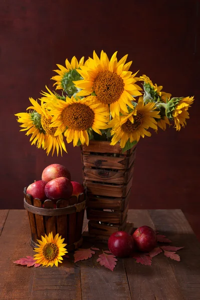 Zátiší slunečnic a jablka — Stock fotografie