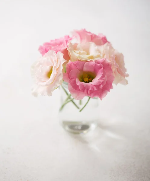 Pink flowers (eustoma) on old rustic  table. — Stock Photo, Image