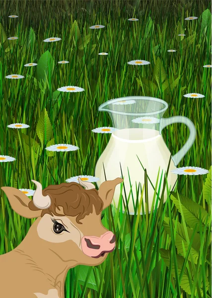 牛の顔をしたミルク畑のジャグ ベクトルイラスト Eps — ストックベクタ