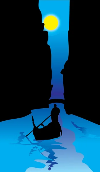 Bir gondol Venedik kanallarında gece ay ışığında.