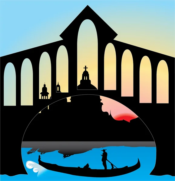 Gondolcu katedral silüeti arka planda köprü altında.