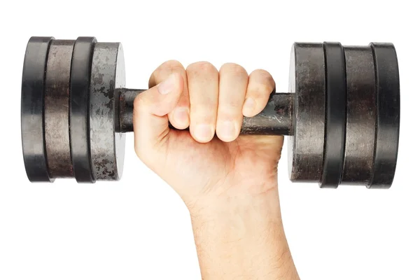 Old dumbbell with removable weights in hand — Stock Photo, Image