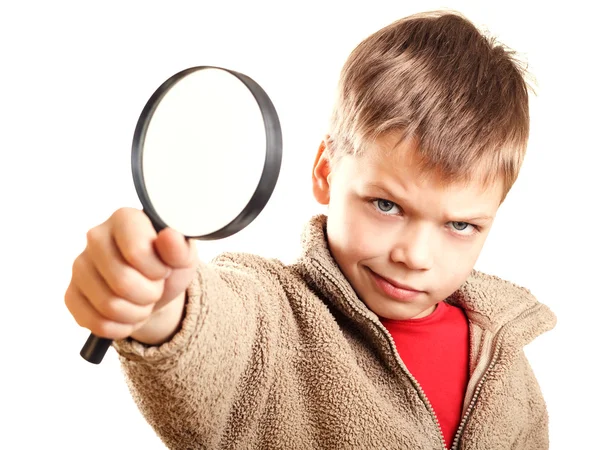 Kleine jongen met Vergrootglas — Stockfoto