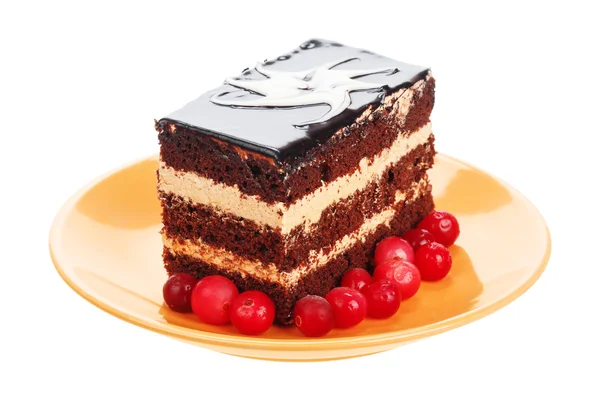 Chocolate cake with cranberries on orange plate — Stock Photo, Image