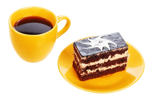 Cup of black tea and chocolate cake — Stock Photo, Image