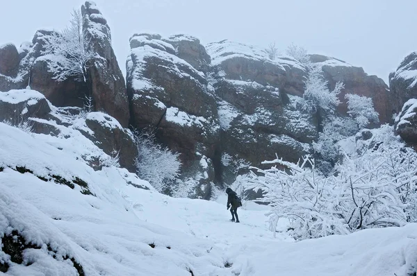 Mulher Caminha Até Belogradchik Rochas Dia Sombrio Bulgária Inverno — Fotografia de Stock