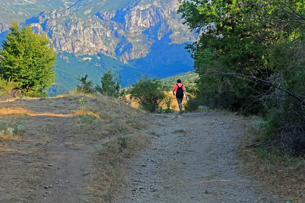 Biała Kobieta Spaceruje Bałkańskich Górach Letni Dzień — Zdjęcie stockowe
