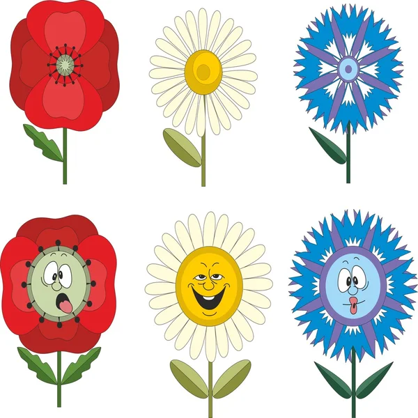Flores engraçadas com emoções diferentes — Vetor de Stock
