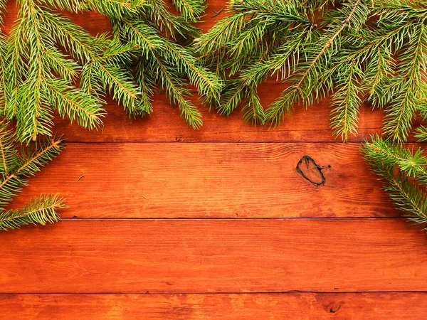 Weihnachten Hintergrund Tannenzweige Auf Holz Oberflächlicher Dof — Stockfoto