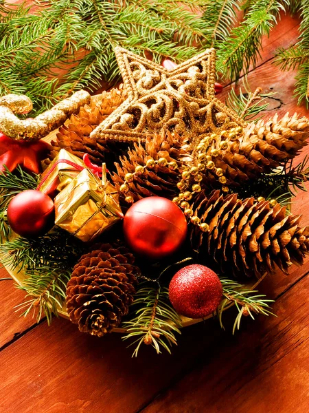 Різдвяний Фон Сосна Прикраси Дереві Неглибокий Доф — стокове фото