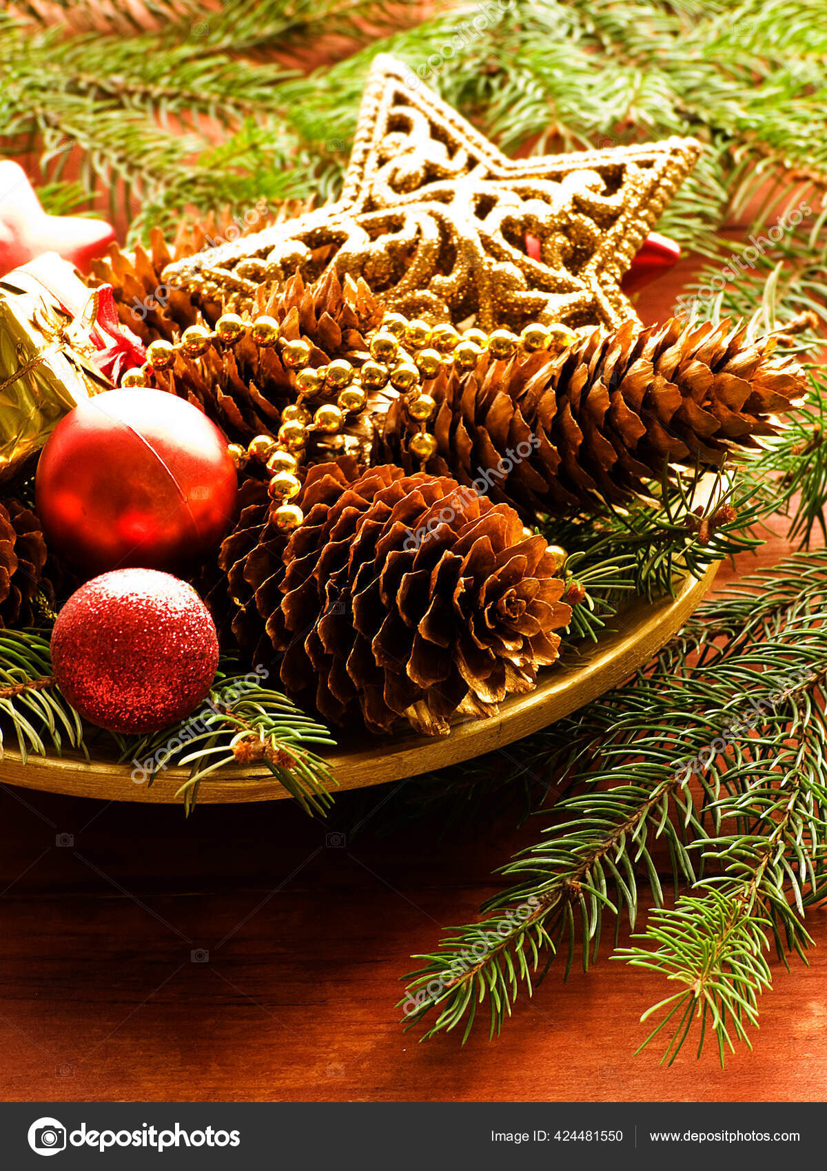 Christmas Background Pine Tree Decorations Wood Shallow Dof Stock Photo