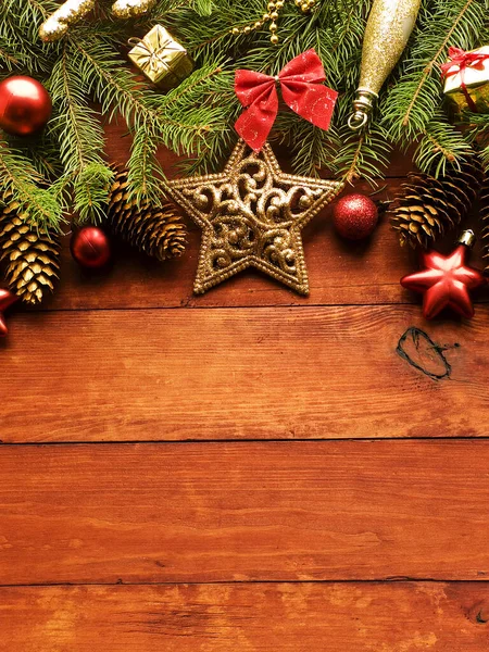 Albero Pino Sfondo Natalizio Decorazioni Legno Dof Poco Profondo — Foto Stock