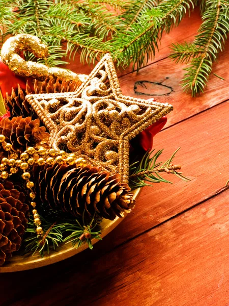 Choinka Tle Boże Narodzenie Dekoracje Drewnie Płytkie Dof — Zdjęcie stockowe