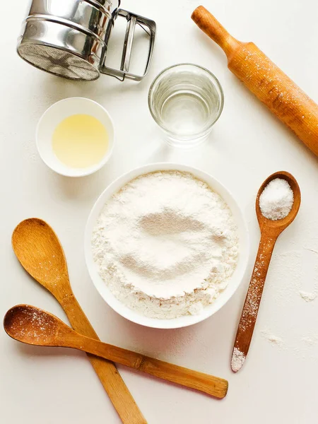 Dough Kneading Set Ingredients Preparation Baking Shallow Dof —  Fotos de Stock