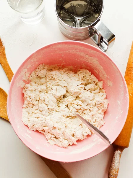 Dough Kneading Set Ingredients Preparation Baking Shallow Dof — Stock Photo, Image