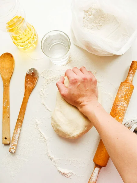 Dough Kneading Set Ingredients Preparation Baking Shallow Dof — Stockfoto